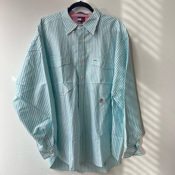 Tommy Hilfiger Cotton Oversized Button Down Long Sleeve Green Striped Mens Shirt - Picture 1 of 8